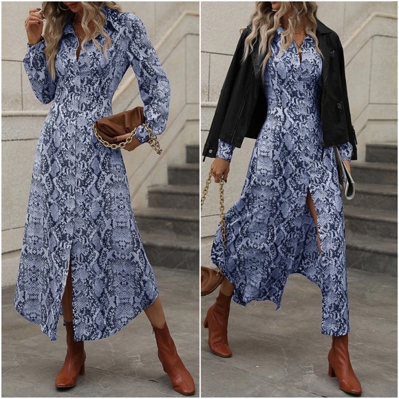 Luxe Snakeskin Print Button up Long Sleeve Dress - Picture 6 of 6